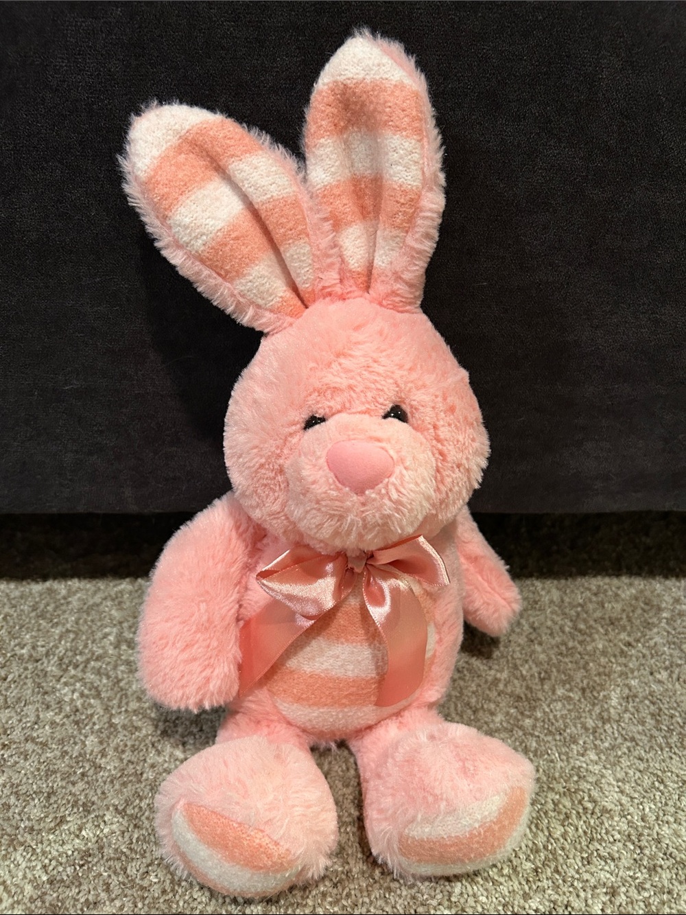 Pink Plush Bunny Stuffed Animal with Striped Ears and Belly